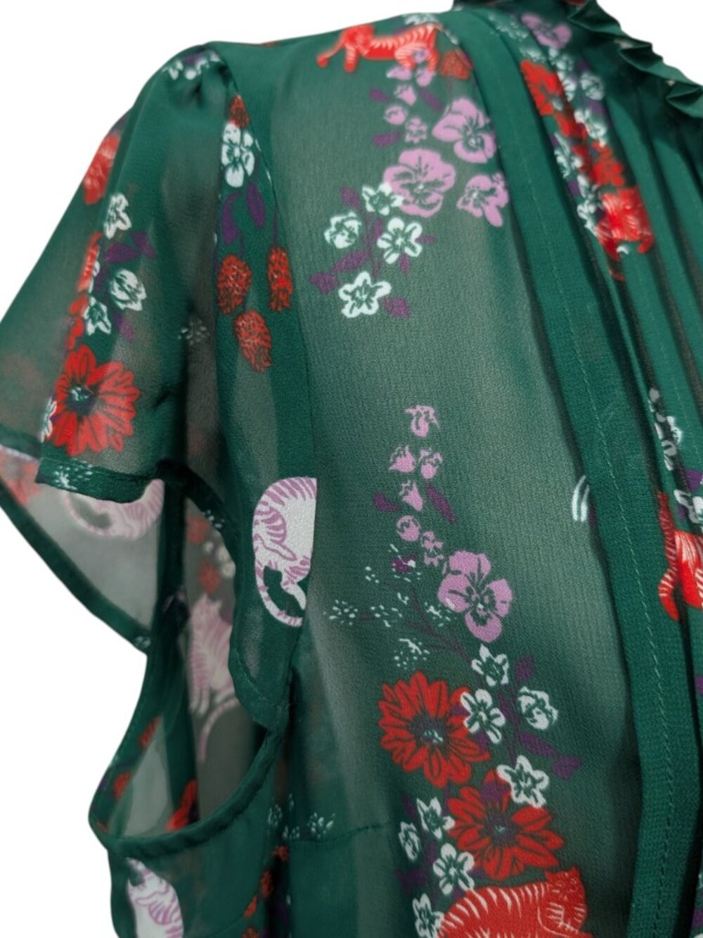 Modcloth Womens Size XL Green Floral Kitty Cats Sheer Ruffle Neck Retro Dress - Picture 6 of 12